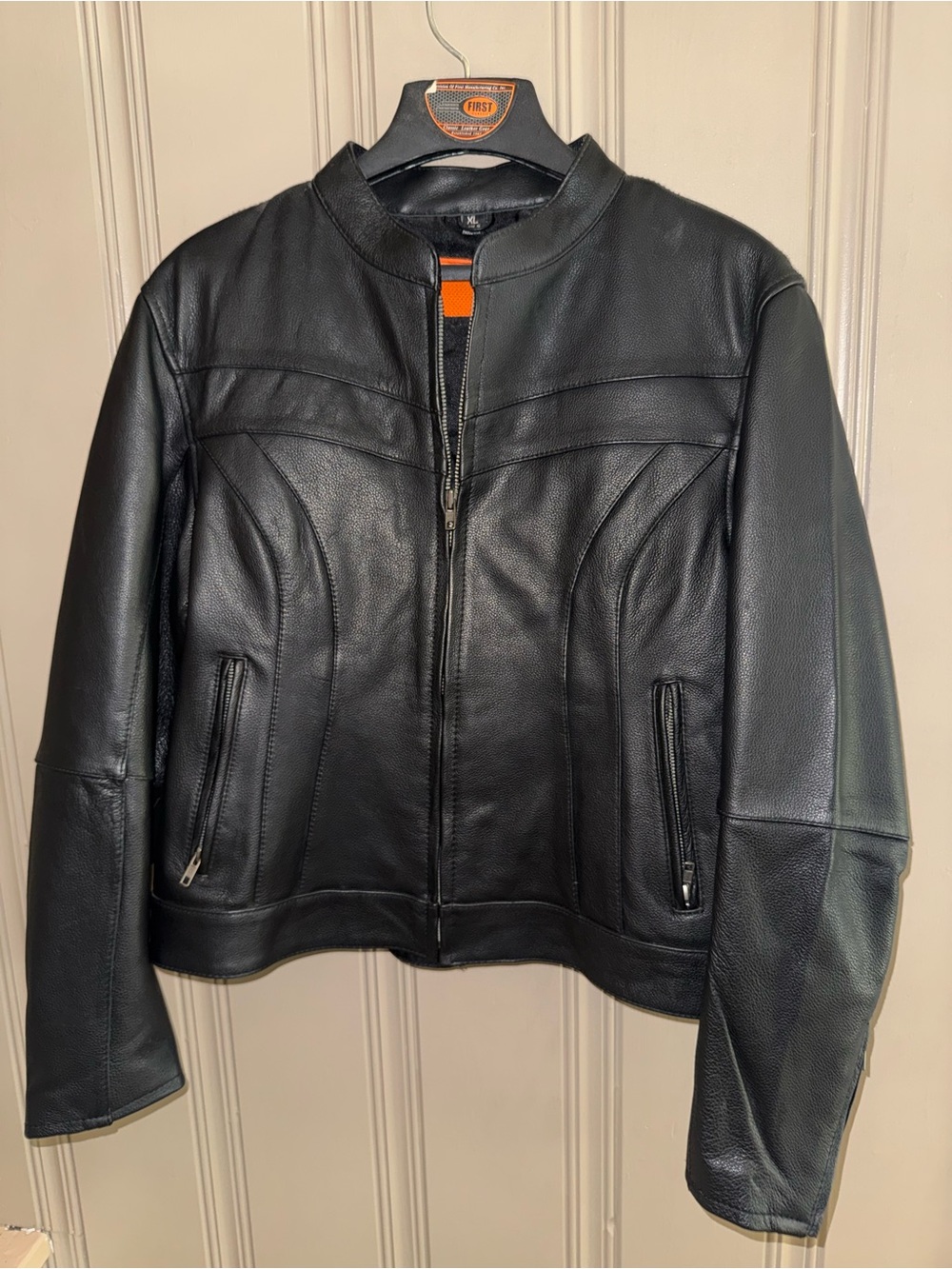 Vintage First Classics Black Leather Motorcycle Jacket Men’s XL Orange Lined USA